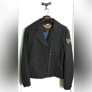 Harley-Davidson Gray Wool Moto Jacket with Embroidered HD Bar & Shield Detail.